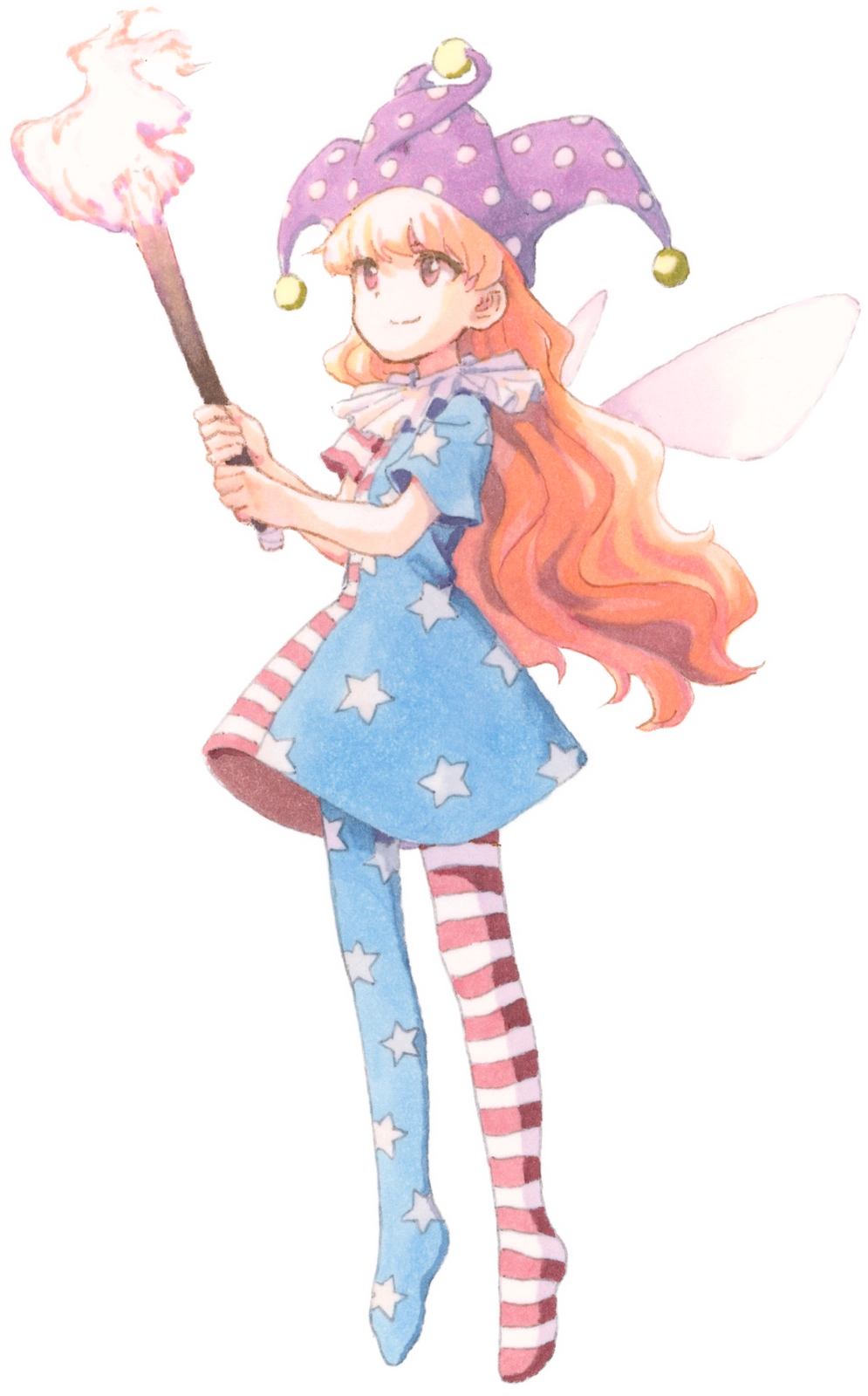 Clownpiece in stars and stripes, holding a flaming torch. Hand-drawn artwork by 白玉.